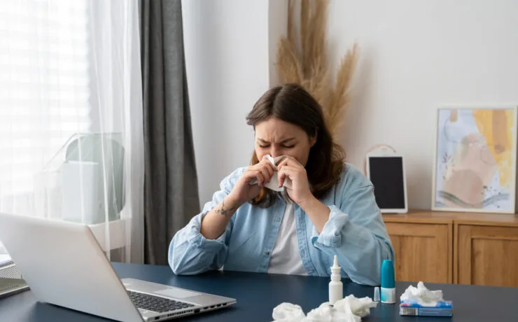 Mulher que sofrendo de congestão nasal na sala